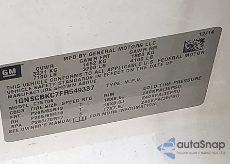 2015 Chevrolet Tahoe Lt из США, поврежденный, VIN 1GNSCBKC7FR549337